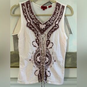 HUGO BOSS Light Pink Brown Beaded Embroidered Open Front Boho Tank Top Size Med